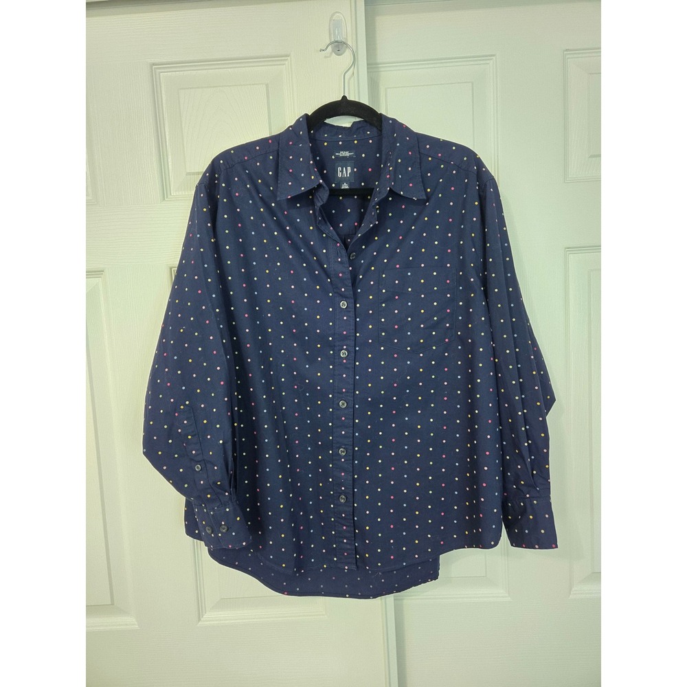 GAP Big Shirt Navy Blue Multi Polka Dot Cotton Button Down Petite S